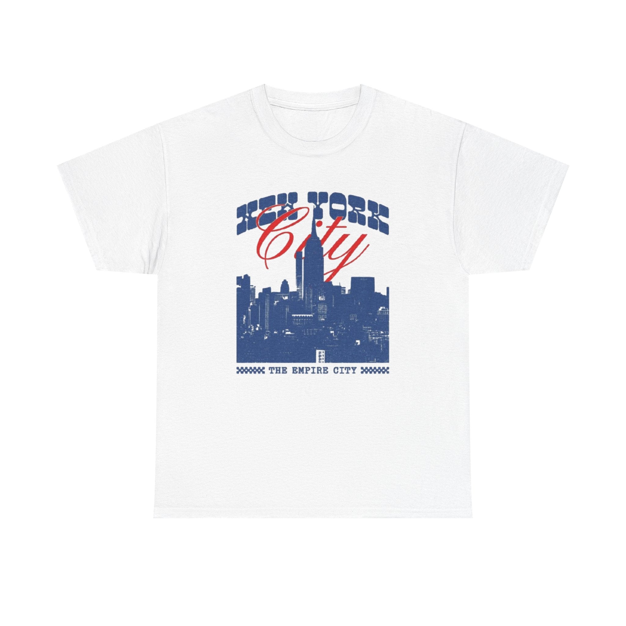 New York City Skyline Tee — Retro Blue & Red NYC Graphic T-Shirt