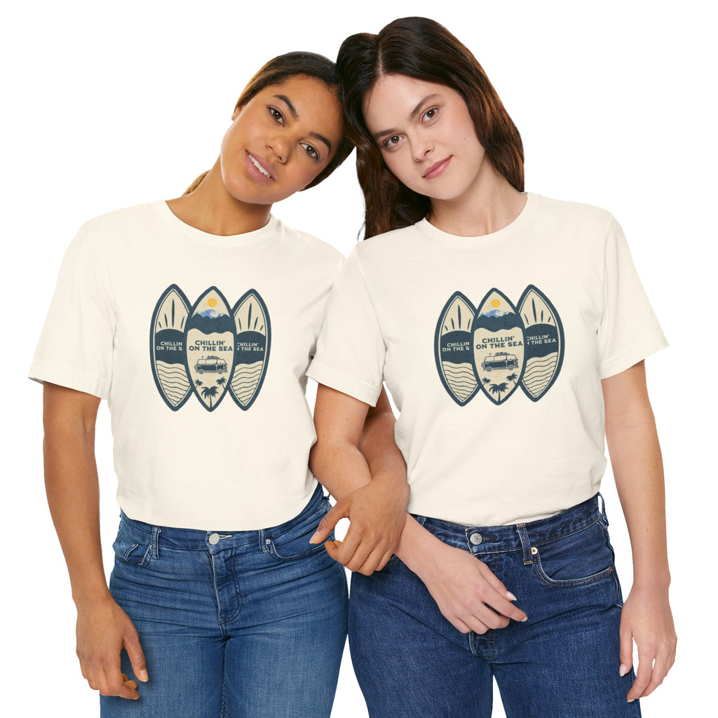 Surfboard Beach Tee — "Chillin' On The Sea" Coastal Graphic T-Shirt