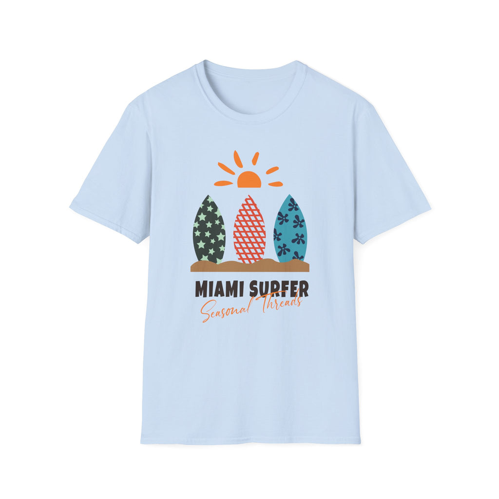 Miami Surfer Graphic T-Shirt — Colorful Surfboard Sun Beach Tee