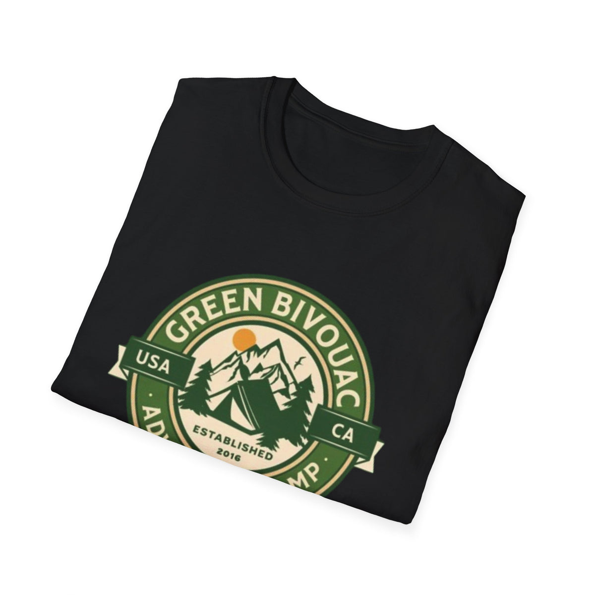 Outdoor Adventure T-Shirt — Green Bivouac Camp Logo (USA • CA)