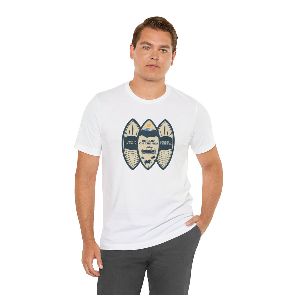 Surfboard Beach Tee — "Chillin' On The Sea" Coastal Graphic T-Shirt