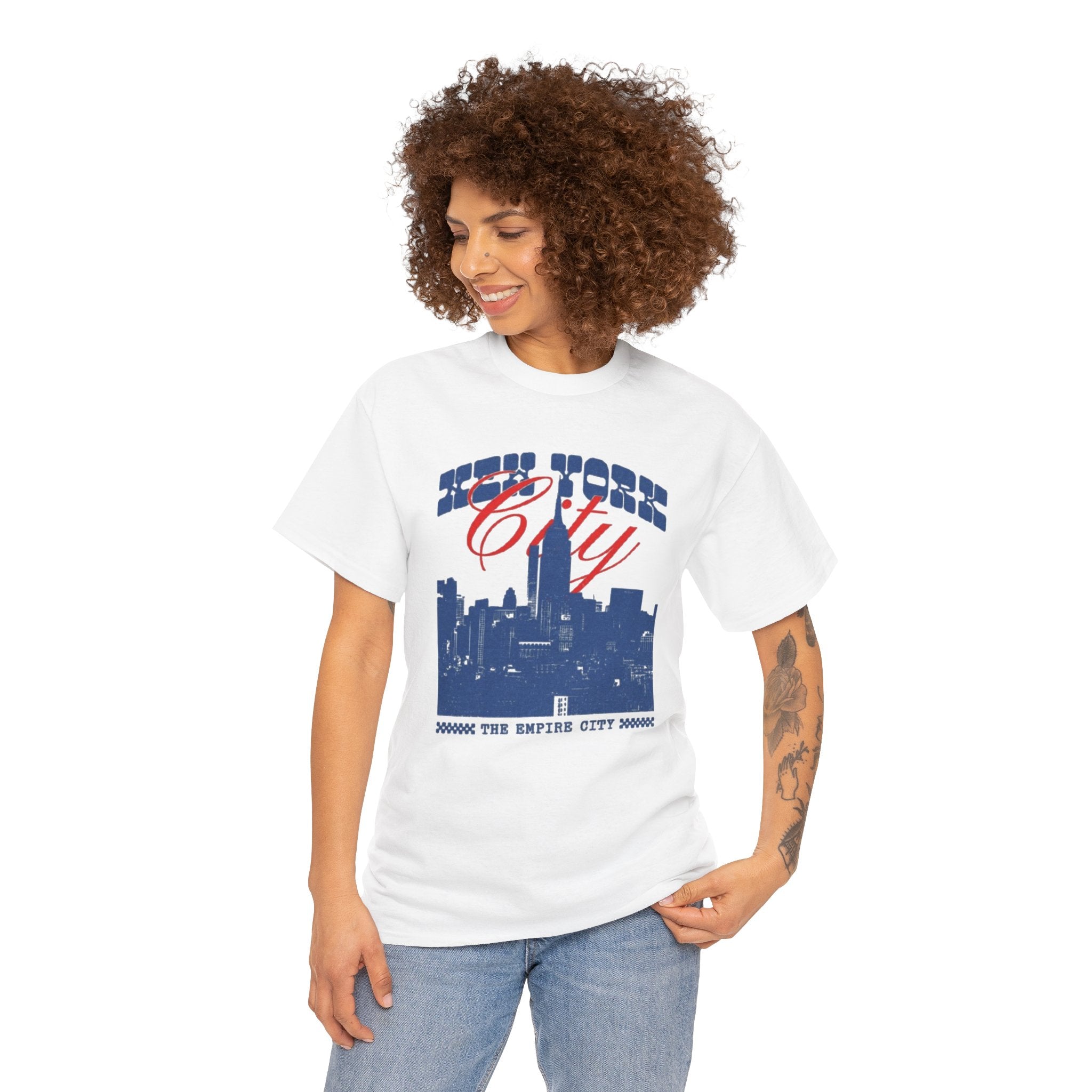 New York City Skyline Tee — Retro Blue & Red NYC Graphic T-Shirt