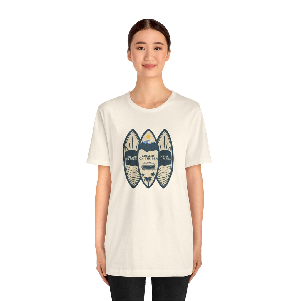 Surfboard Beach Tee — "Chillin' On The Sea" Coastal Graphic T-Shirt