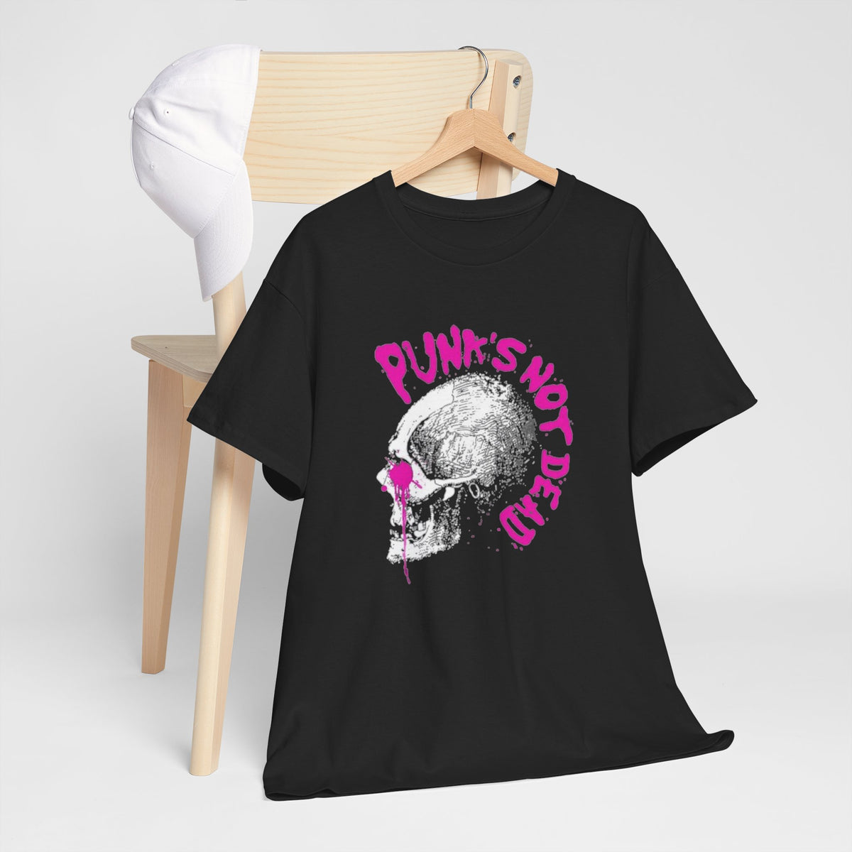 Punk's Not Dead Skull T-Shirt — Edgy Punk Rock Tee with Pink Graffiti