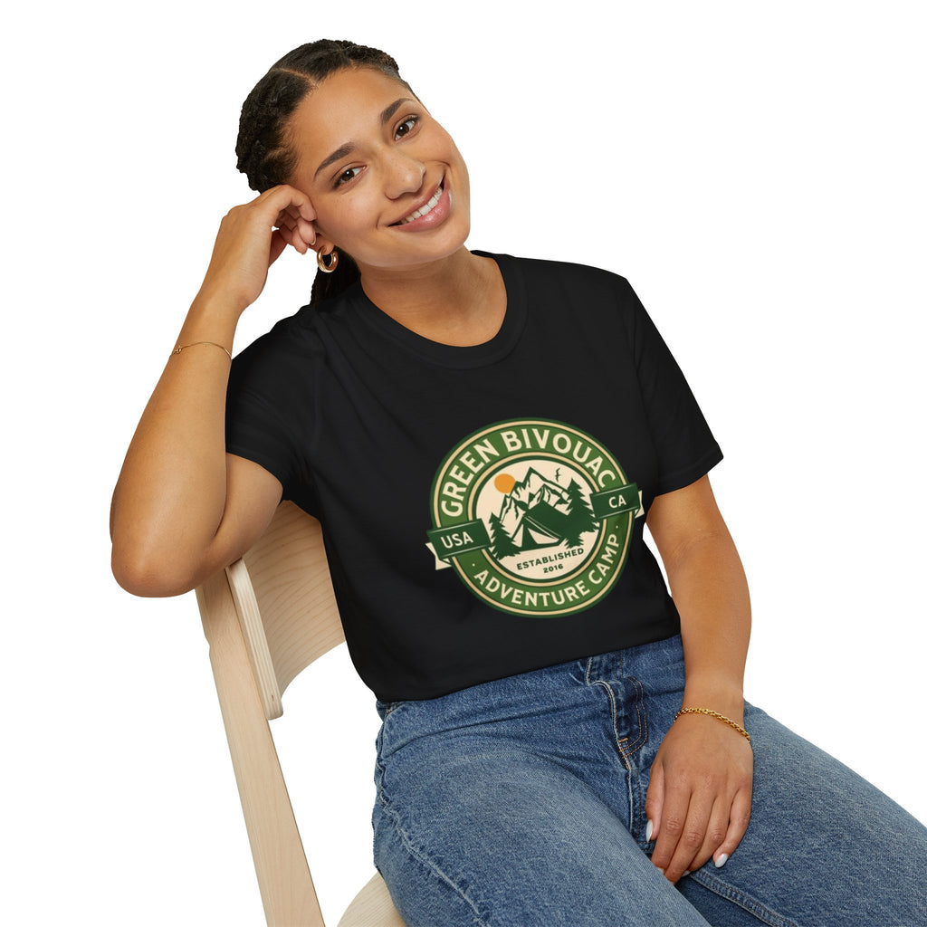 Outdoor Adventure T-Shirt — Green Bivouac Camp Logo (USA • CA)
