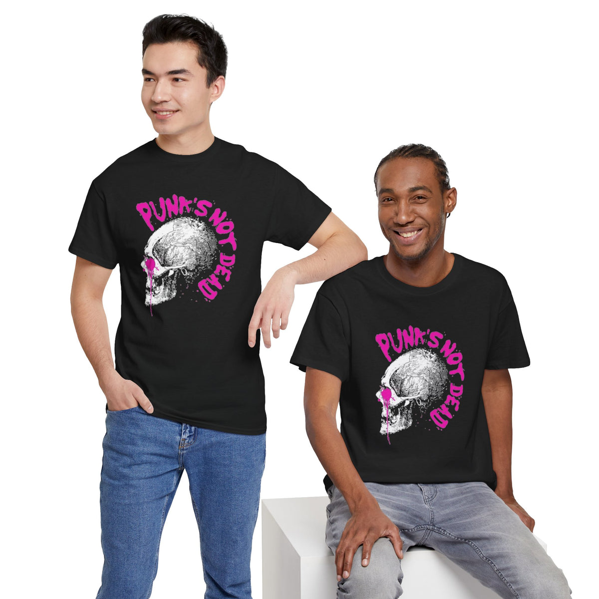 Punk's Not Dead Skull T-Shirt — Edgy Punk Rock Tee with Pink Graffiti