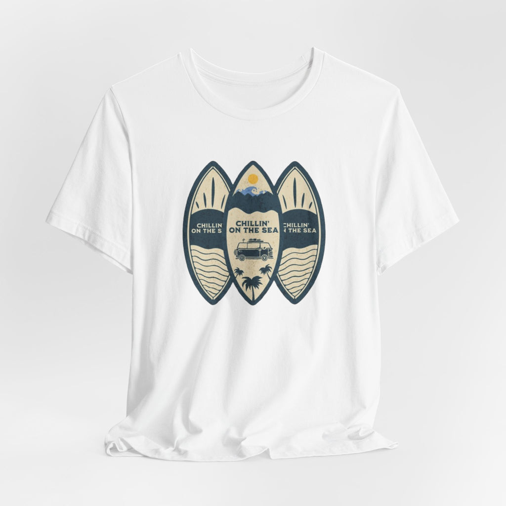 Surfboard Beach Tee — "Chillin' On The Sea" Coastal Graphic T-Shirt