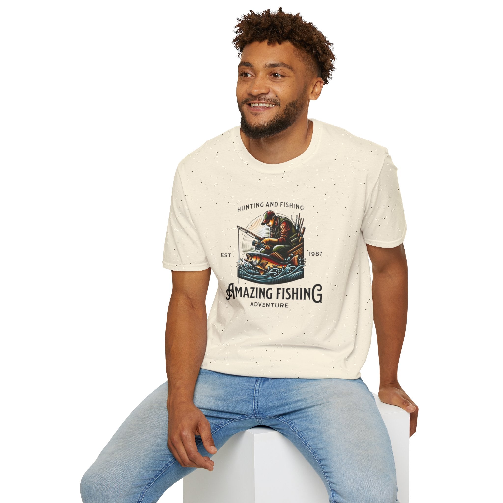 Fishing Adventure T‑Shirt — "Hunting and Fishing" Vintage Angler Graphic (Est. 1987)