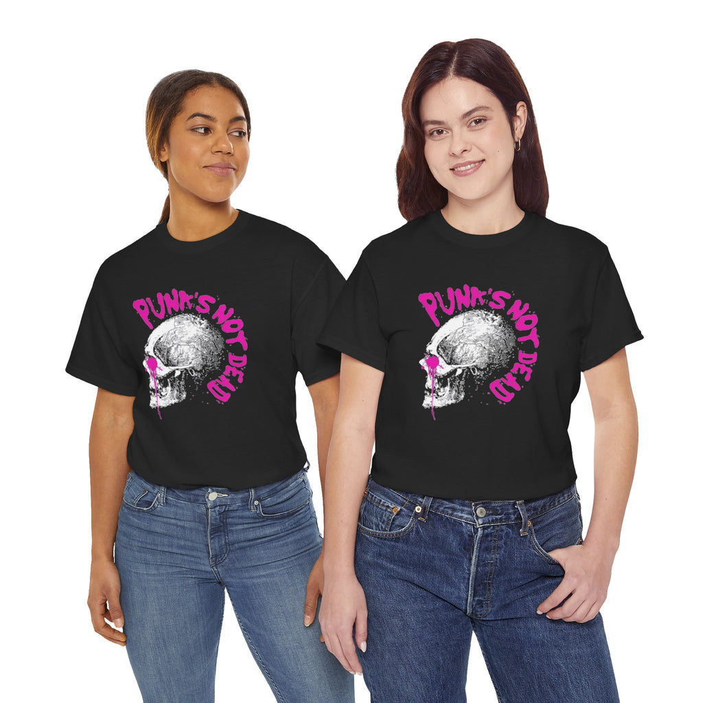 Punk's Not Dead Skull T-Shirt — Edgy Punk Rock Tee with Pink Graffiti