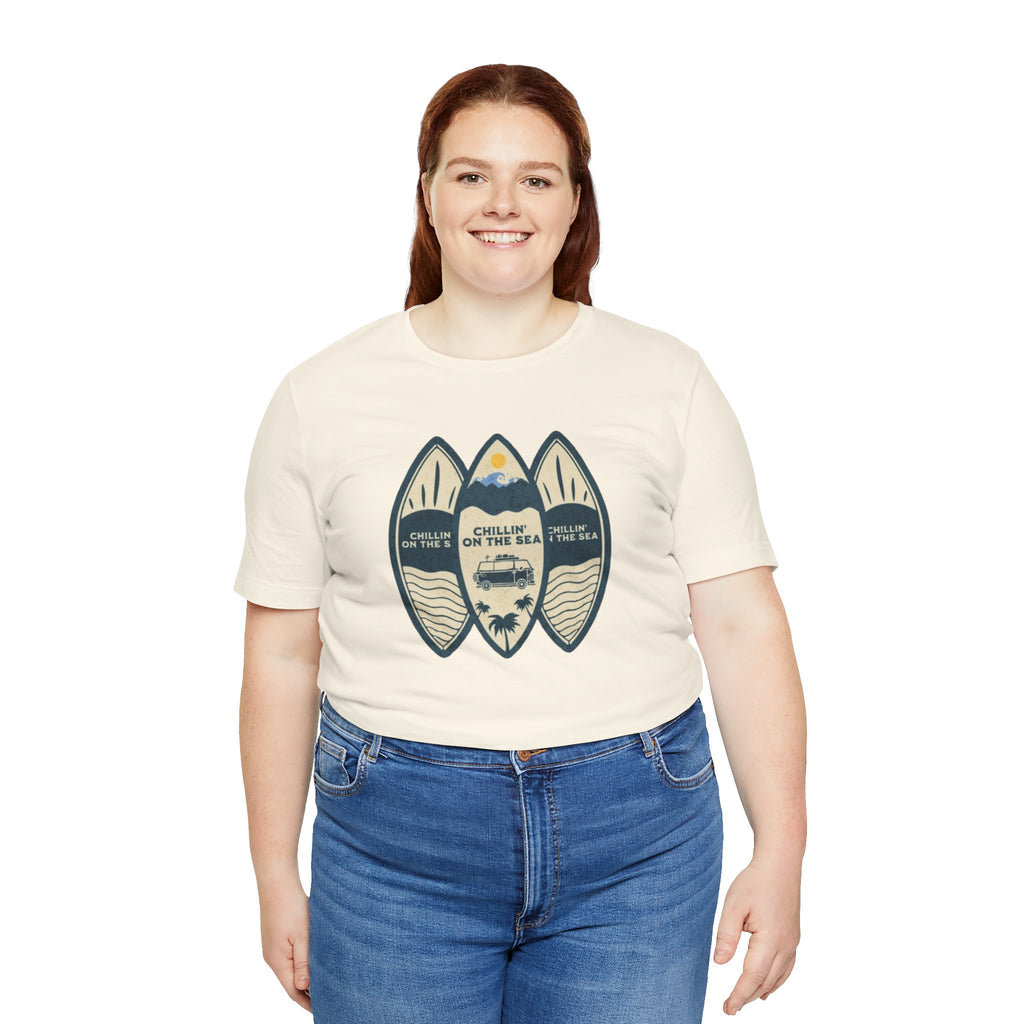 Surfboard Beach Tee — "Chillin' On The Sea" Coastal Graphic T-Shirt