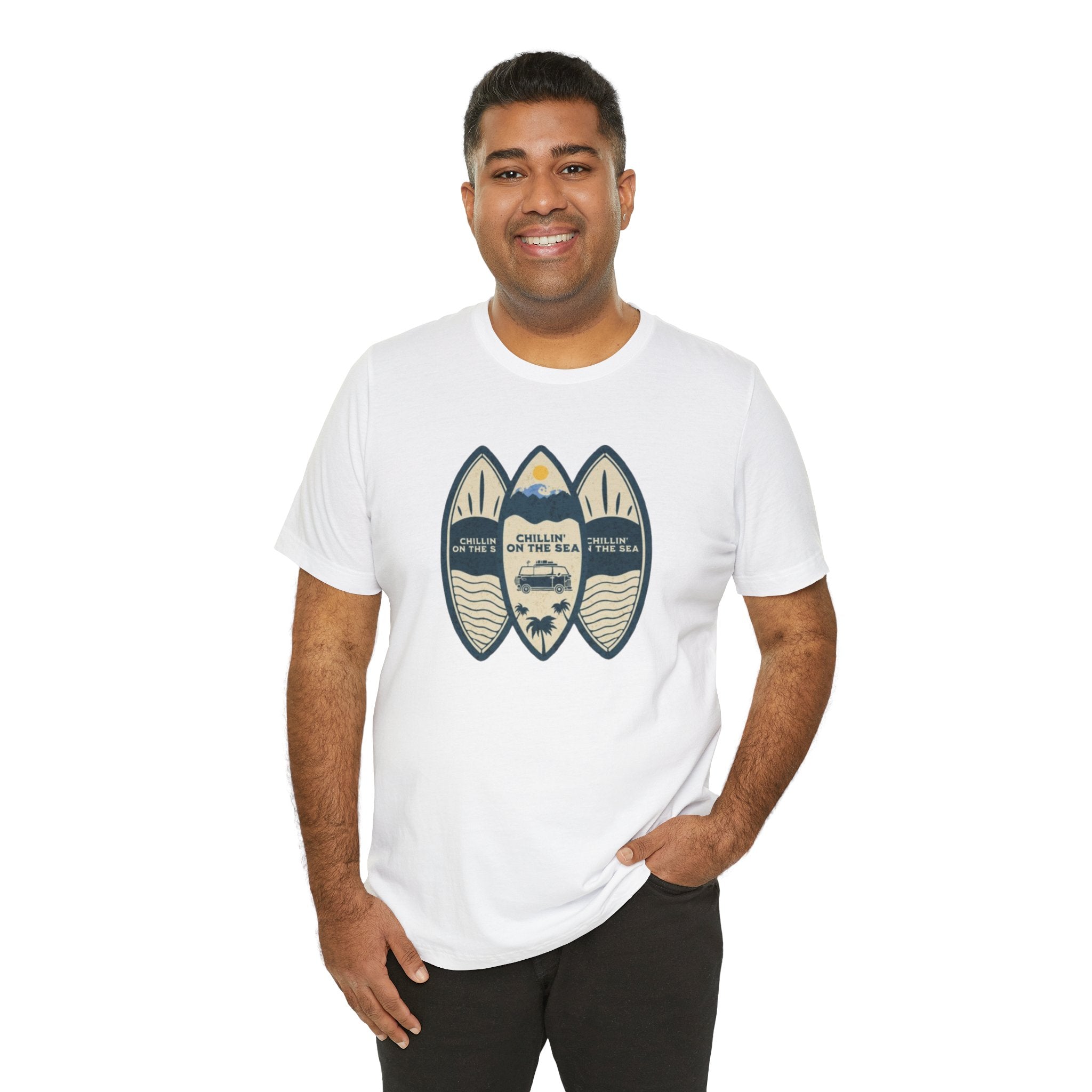 Surfboard Beach Tee — "Chillin' On The Sea" Coastal Graphic T-Shirt
