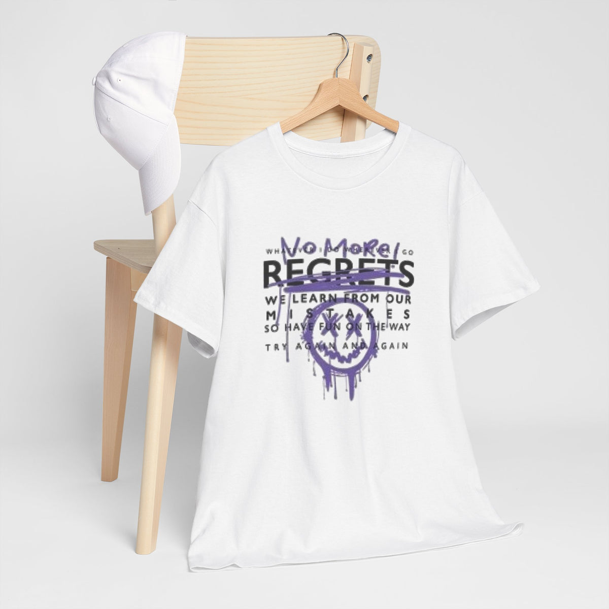 No More Regrets Tee — Grunge Drip Smile Graphic T-Shirt