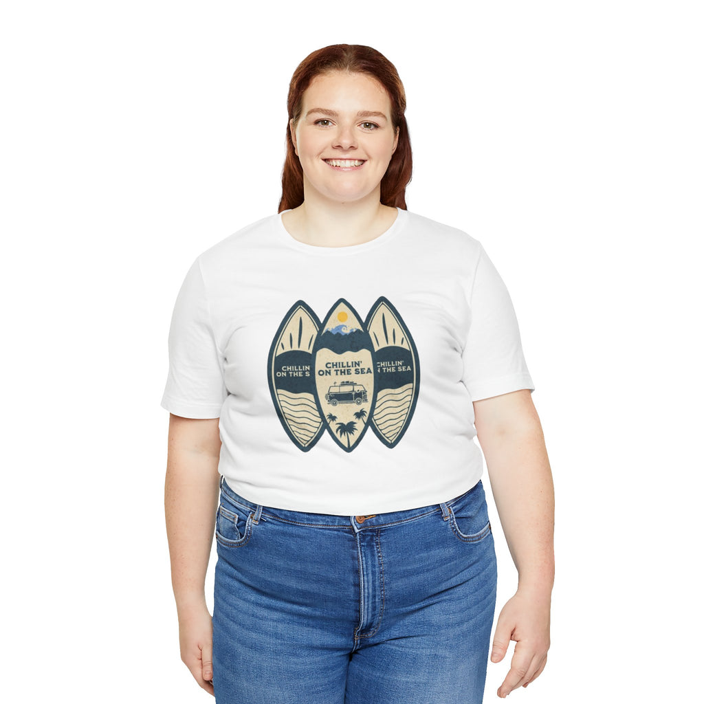 Surfboard Beach Tee — "Chillin' On The Sea" Coastal Graphic T-Shirt