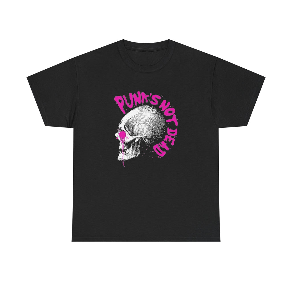 Punk's Not Dead Skull T-Shirt — Edgy Punk Rock Tee with Pink Graffiti