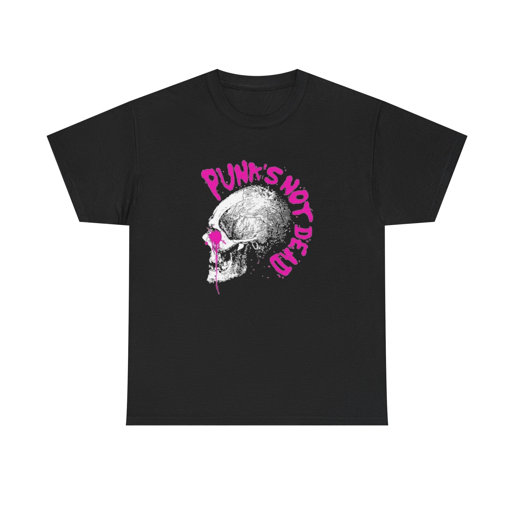 Punk's Not Dead Skull T-Shirt — Edgy Punk Rock Tee with Pink Graffiti
