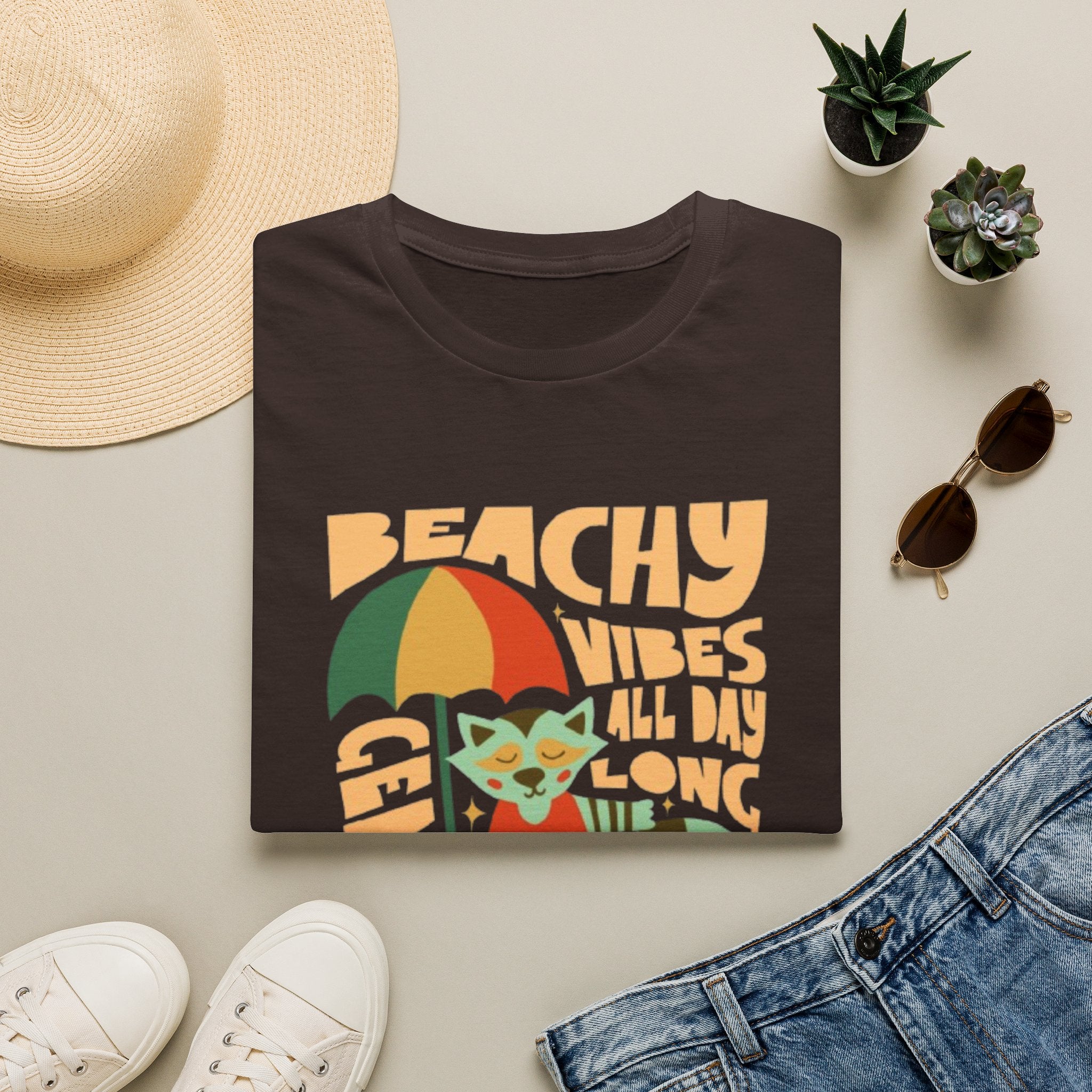 Beachy Vibes T-Shirt — Retro Cat & Umbrella Summer Tee