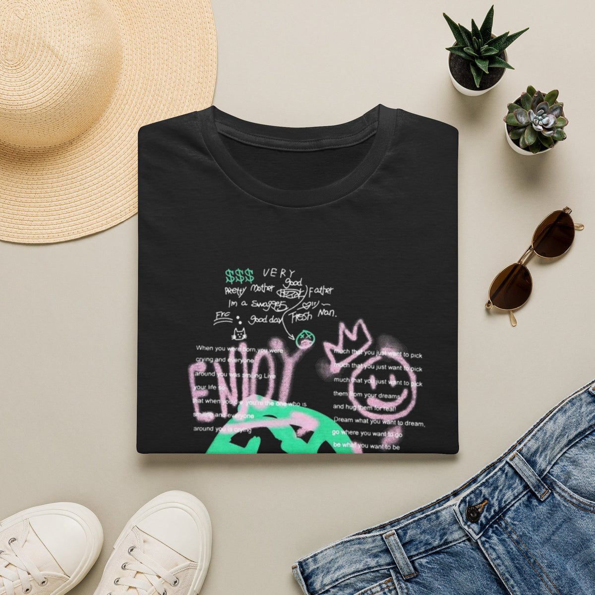 Enjoy Graffiti Smiley T-Shirt — Neon Streetwear Tee