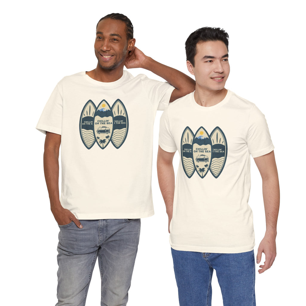 Surfboard Beach Tee — "Chillin' On The Sea" Coastal Graphic T-Shirt