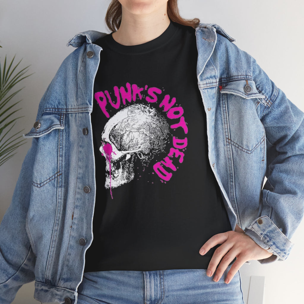 Punk's Not Dead Skull T-Shirt — Edgy Punk Rock Tee with Pink Graffiti