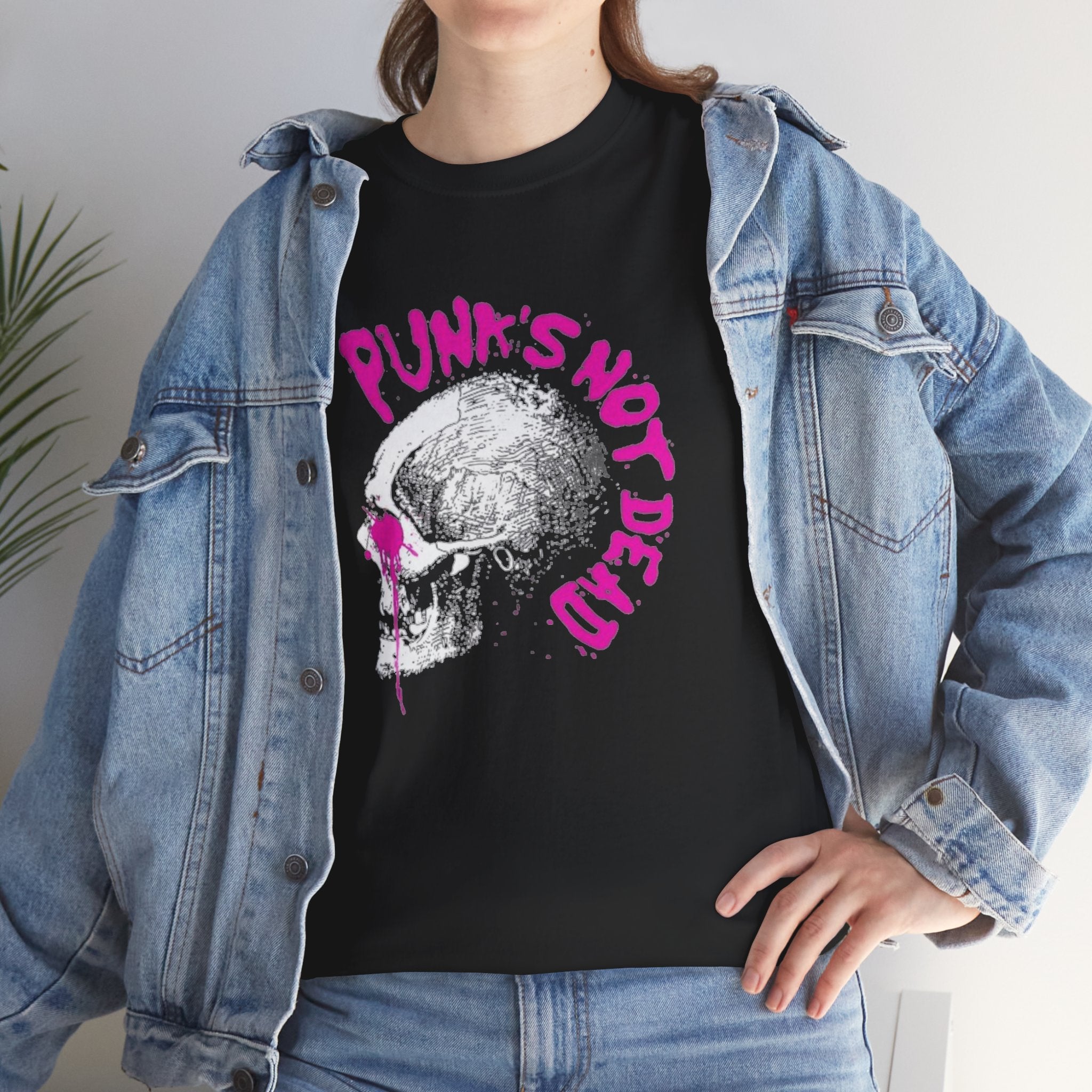 Punk's Not Dead Skull T-Shirt — Edgy Punk Rock Tee with Pink Graffiti