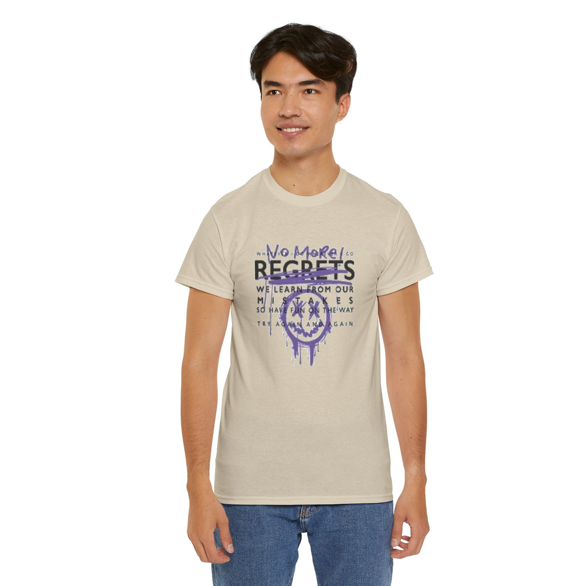 No More Regrets Tee — Grunge Drip Smile Graphic T-Shirt