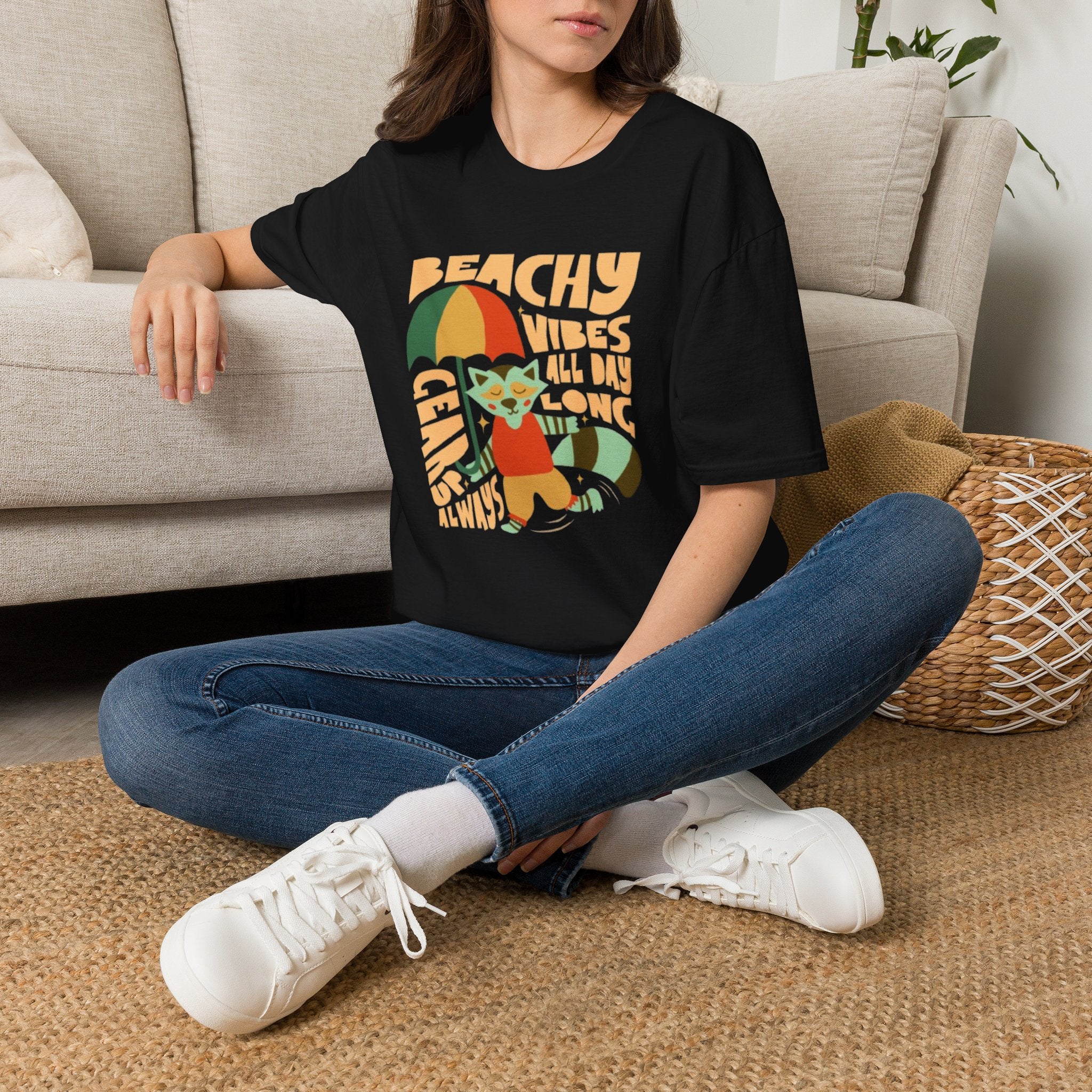 Beachy Vibes T-Shirt — Retro Cat & Umbrella Summer Tee