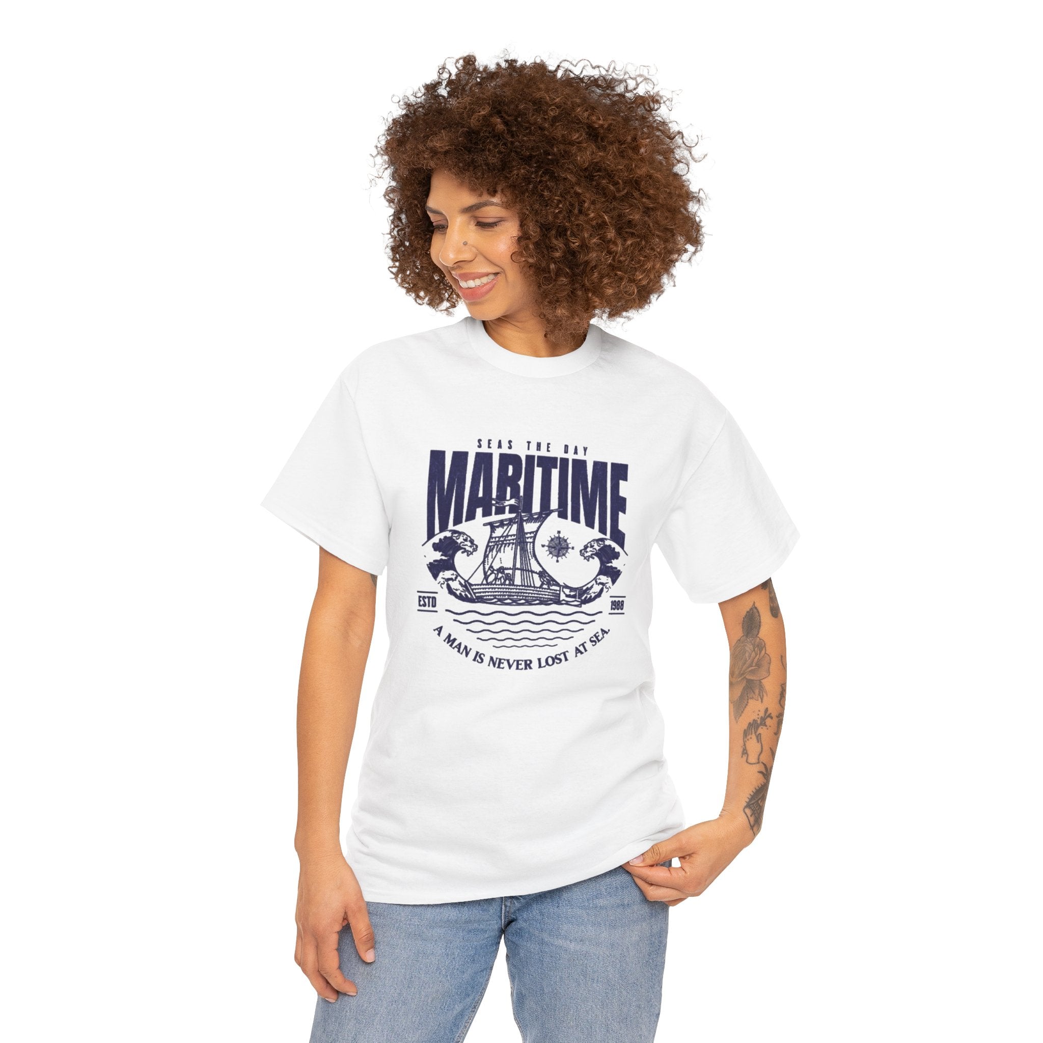 Maritime Crew Tee - Vintage Ship Graphic "A Man is Never Lost at Sea"