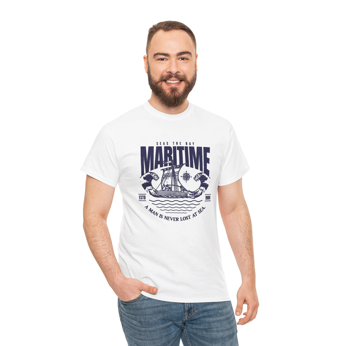 Maritime Crew Tee - Vintage Ship Graphic "A Man is Never Lost at Sea"