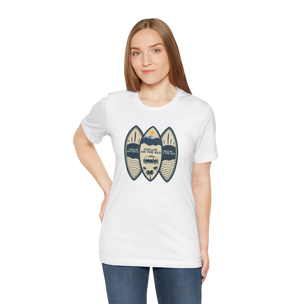 Surfboard Beach Tee — "Chillin' On The Sea" Coastal Graphic T-Shirt