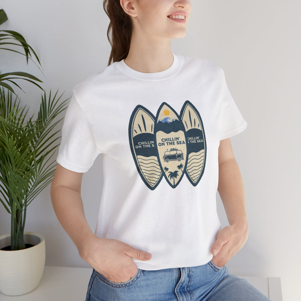 Surfboard Beach Tee — "Chillin' On The Sea" Coastal Graphic T-Shirt