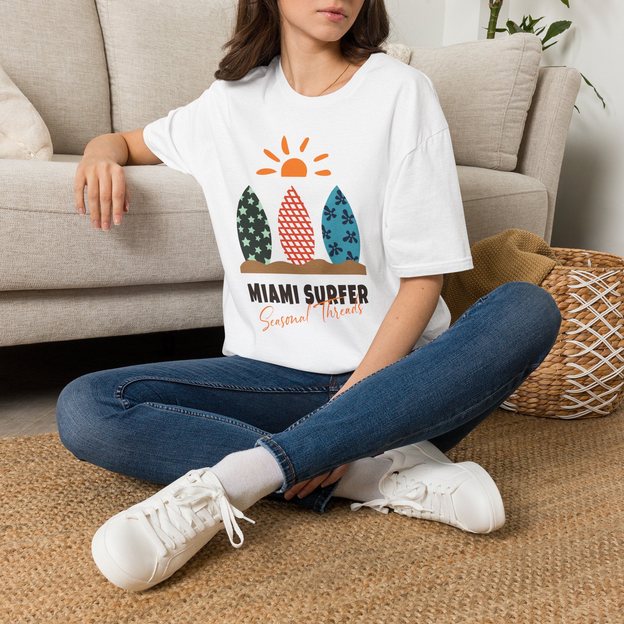 Miami Surfer Graphic T-Shirt — Colorful Surfboard Sun Beach Tee