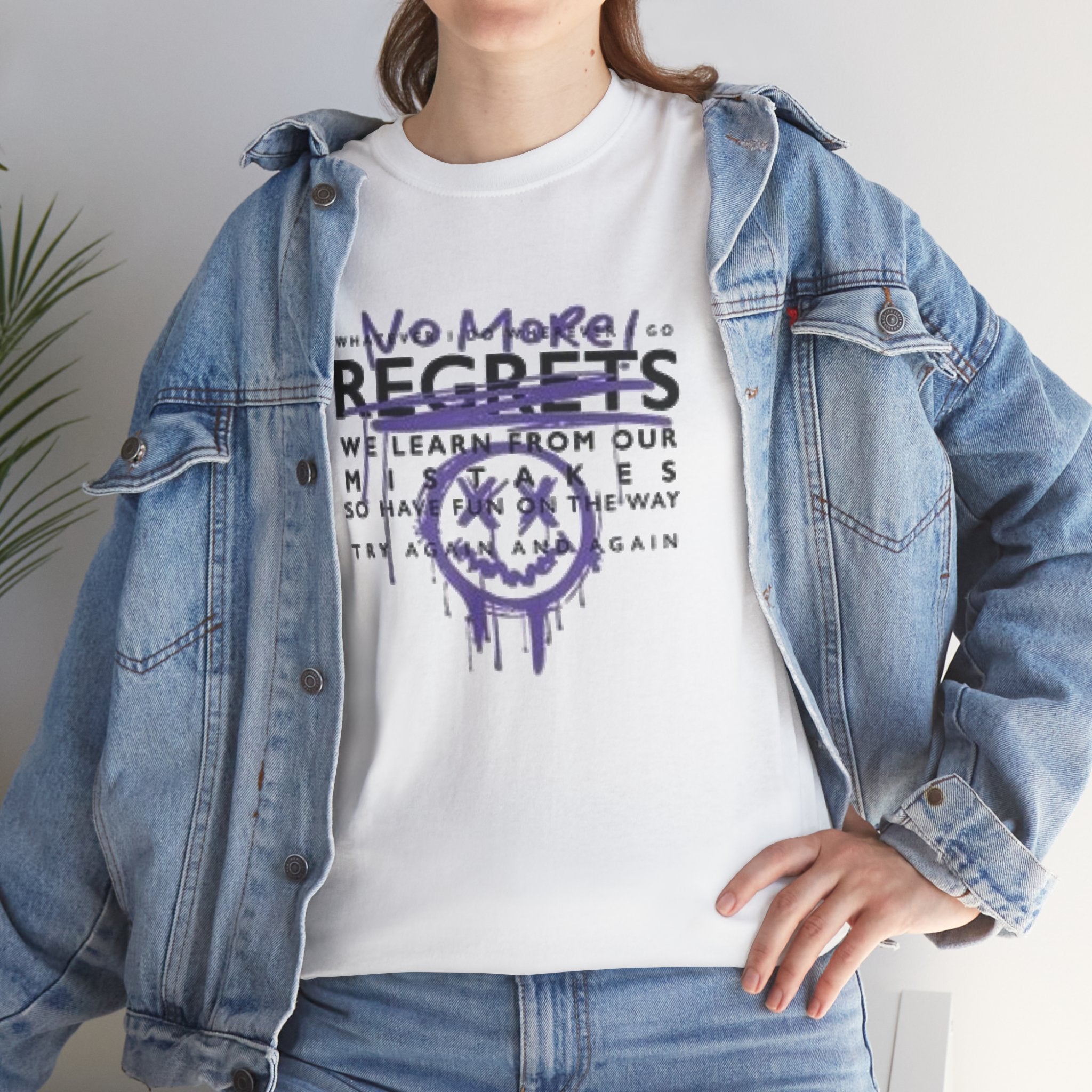 No More Regrets Tee — Grunge Drip Smile Graphic T-Shirt
