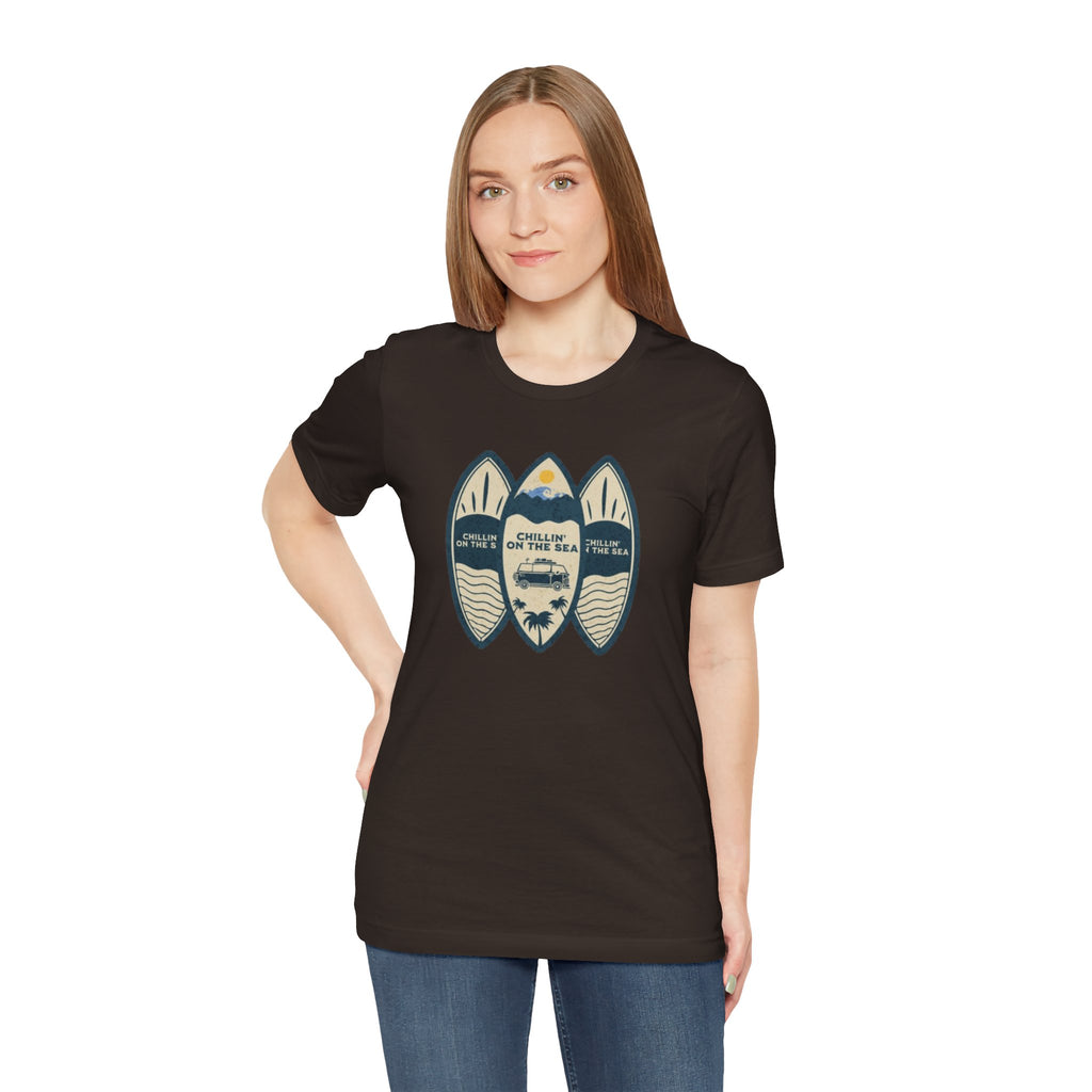 Surfboard Beach Tee — "Chillin' On The Sea" Coastal Graphic T-Shirt