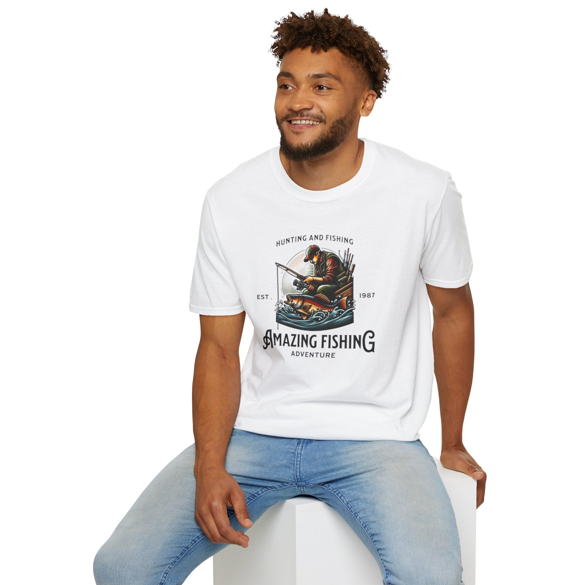 Fishing Adventure T‑Shirt — "Hunting and Fishing" Vintage Angler Graphic (Est. 1987)