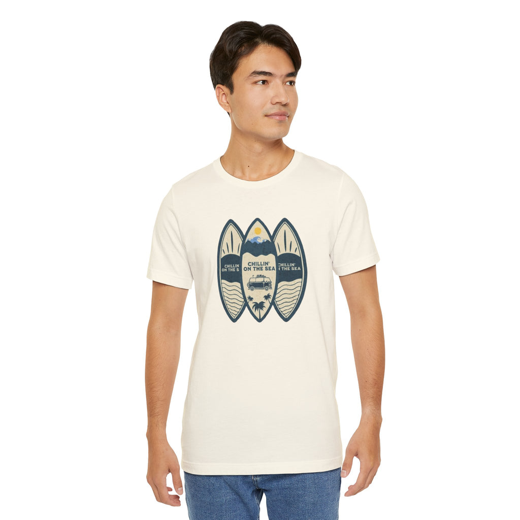 Surfboard Beach Tee — "Chillin' On The Sea" Coastal Graphic T-Shirt
