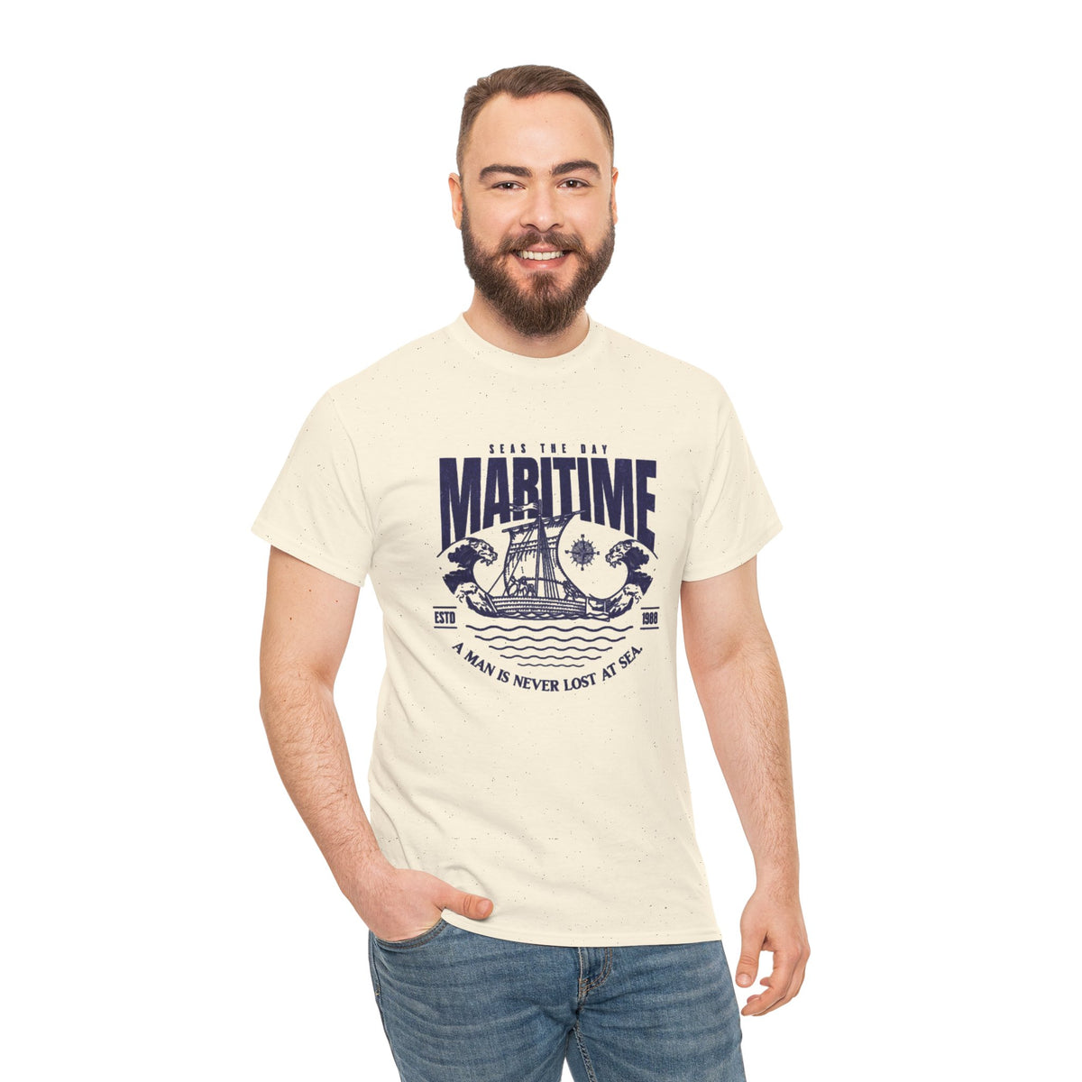 Maritime Crew Tee - Vintage Ship Graphic "A Man is Never Lost at Sea"