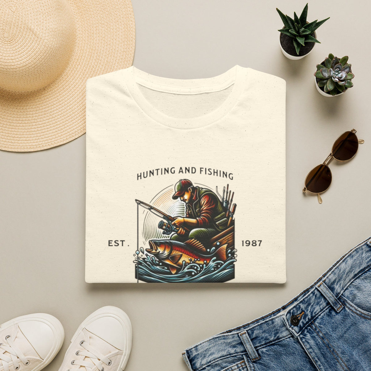 Fishing Adventure T‑Shirt — "Hunting and Fishing" Vintage Angler Graphic (Est. 1987)