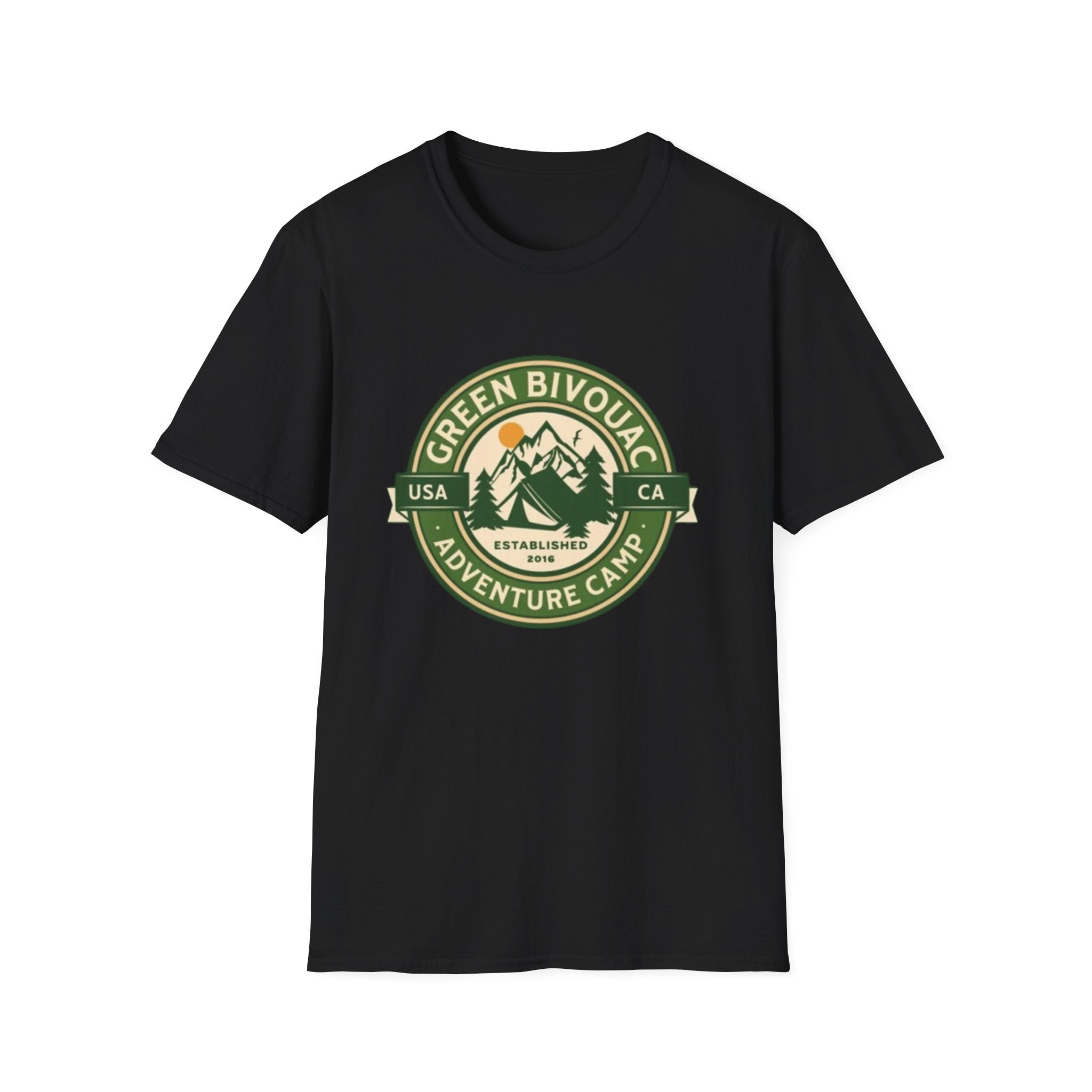 Outdoor Adventure T-Shirt — Green Bivouac Camp Logo (USA • CA)