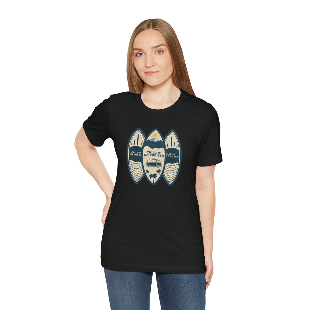 Surfboard Beach Tee — "Chillin' On The Sea" Coastal Graphic T-Shirt
