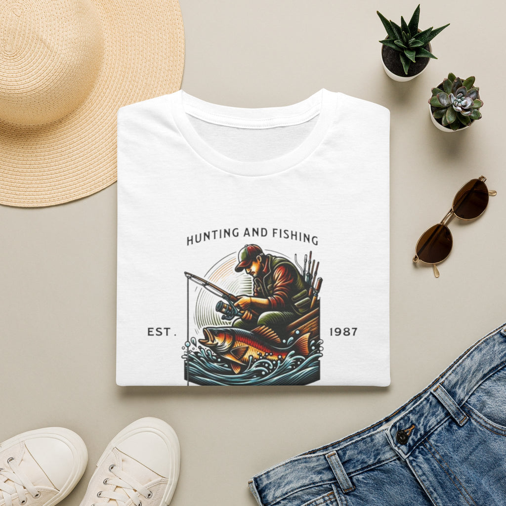 Fishing Adventure T‑Shirt — "Hunting and Fishing" Vintage Angler Graphic (Est. 1987)