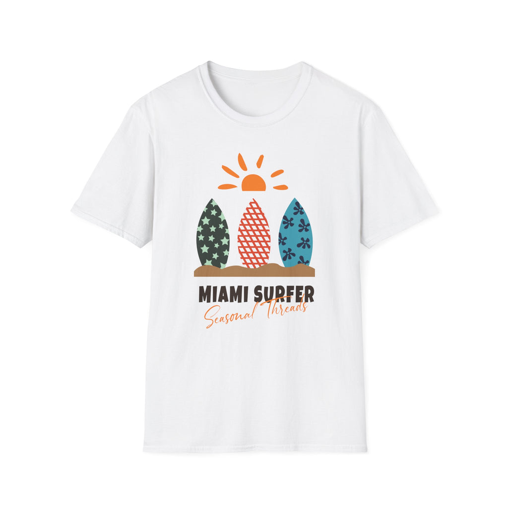 Miami Surfer Graphic T-Shirt — Colorful Surfboard Sun Beach Tee