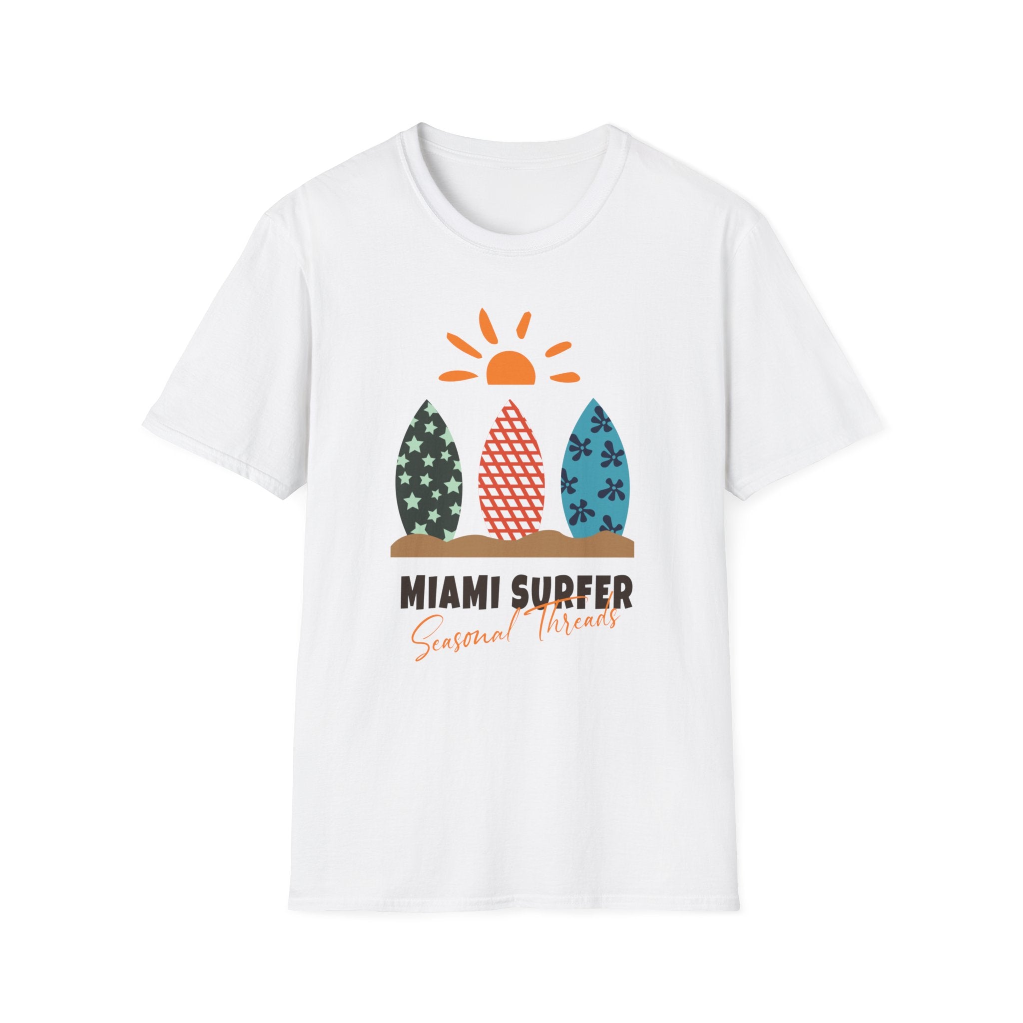 Miami Surfer Graphic T-Shirt — Colorful Surfboard Sun Beach Tee