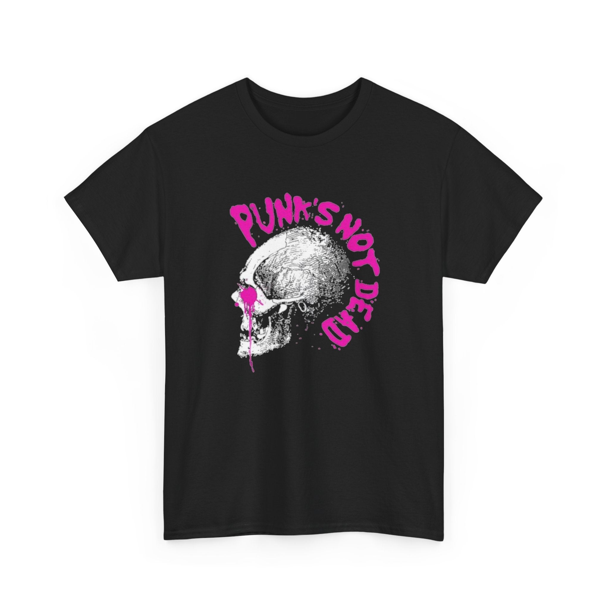 Punk's Not Dead Skull T-Shirt — Edgy Punk Rock Tee with Pink Graffiti