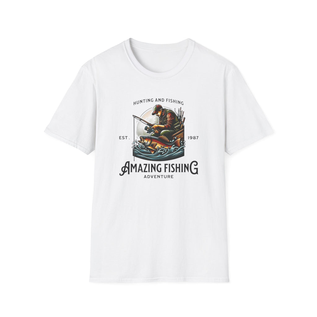 Fishing Adventure T‑Shirt — "Hunting and Fishing" Vintage Angler Graphic (Est. 1987)