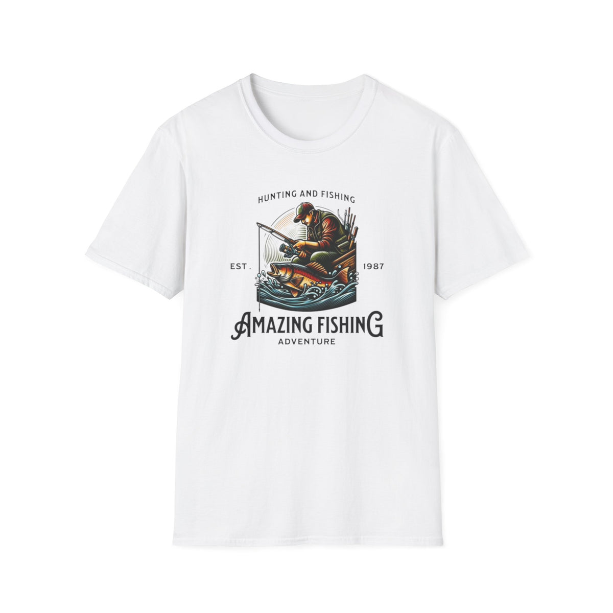 Fishing Adventure T‑Shirt — "Hunting and Fishing" Vintage Angler Graphic (Est. 1987)