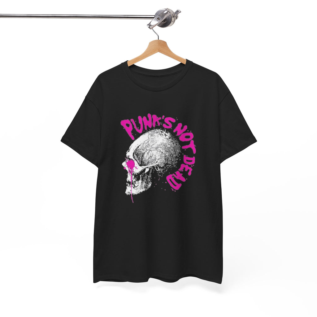 Punk's Not Dead Skull T-Shirt — Edgy Punk Rock Tee with Pink Graffiti
