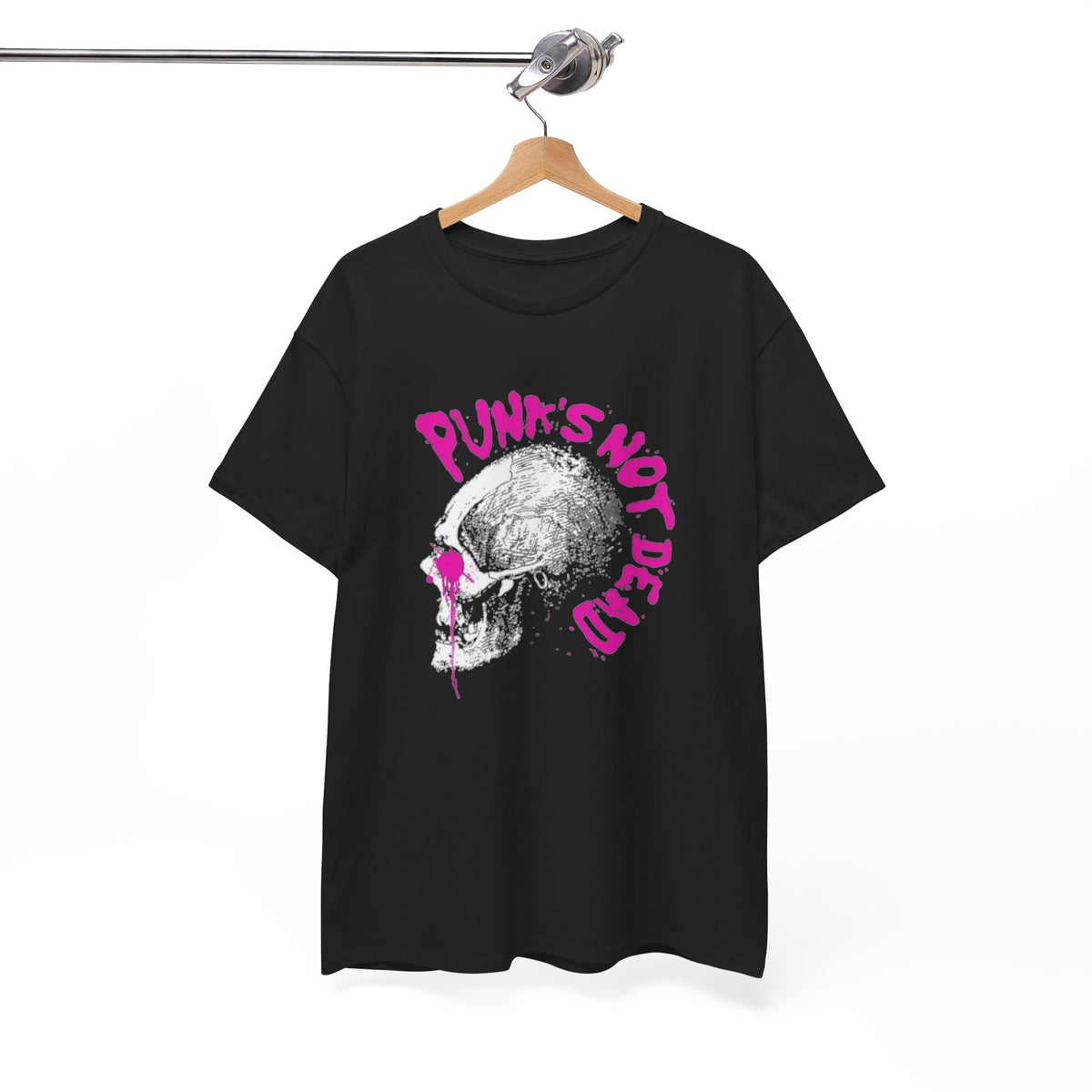 Punk's Not Dead Skull T-Shirt — Edgy Punk Rock Tee with Pink Graffiti