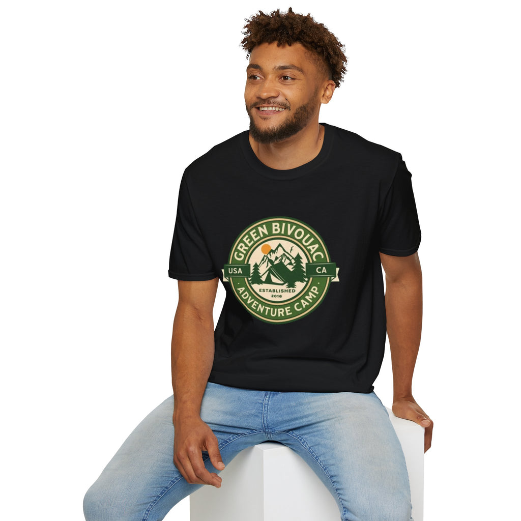 Outdoor Adventure T-Shirt — Green Bivouac Camp Logo (USA • CA)