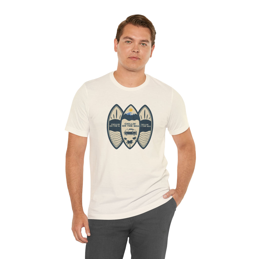 Surfboard Beach Tee — "Chillin' On The Sea" Coastal Graphic T-Shirt