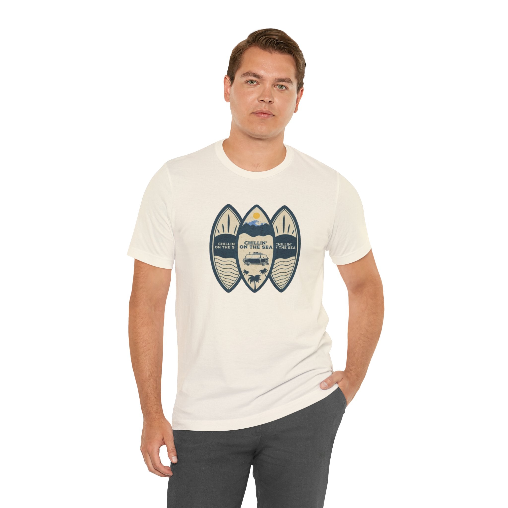 Surfboard Beach Tee — "Chillin' On The Sea" Coastal Graphic T-Shirt
